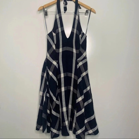 Eva Franco Anthropologie Anya Navy Plaid Linen Blend Halter Dress Size 2 - Picture 3 of 11